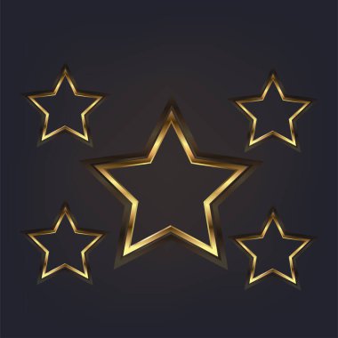 Set of premium stars in vector, illustration style, modern gold stars icon, symbol, mark and object. Gradient gold star shapes on a black background