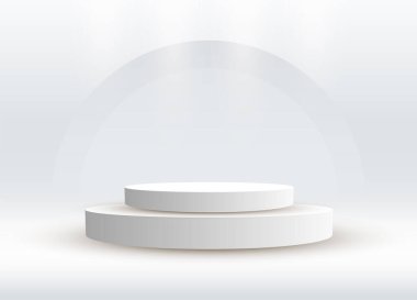 Two Abstract podium silver cylinder pedestal stage. A white empty stage concept with semi circle glowing neon lighting