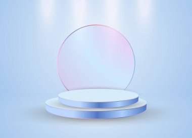 İki katmanlı soyut gökkuşağı yuvarlak podyum, yukarıdaki spot ışıklarıyla aydınlatılmış. Ödül kazanan konsept için 3D vektör aşaması kullanılıyor. Vektör illüstrasyonu
