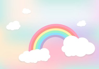 Beautiful Clouds shapes on rainbow sky background. with pastel color. A Paper cut design for kid and family concept