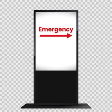 LCD display mock up on transparency background, with emergency text on screen, Digital kiosk LED display ViewSonic, industry-standard PC, electronic poster with blank screen