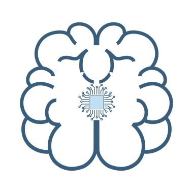 Üst görünüm simgesinde robot beyin, devre işleme sistemi ve yapay zeka kontrol sembolü ile sembol, simge, robot makine teknolojisi, yapay zeka ikonu dizaynında kullanılır.