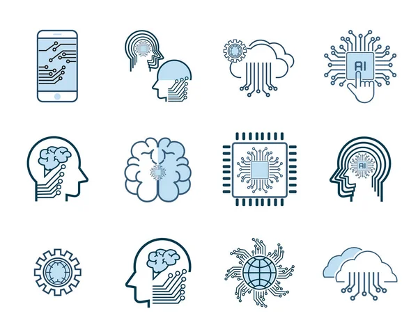 stock vector Set of Artificial Intelligence-AI icons, symbols vector design, vector Line Icons, Face Recognition, Android, Humanoid Robot, Thinking Machine. Editable Stroke