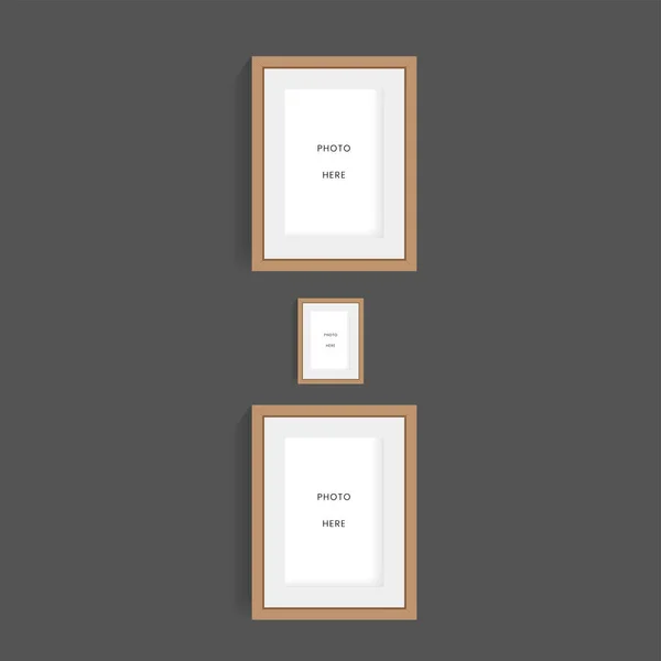 Three Wood Frame Photo Dark Wall Mock Design Picture Frames — Stock Vector