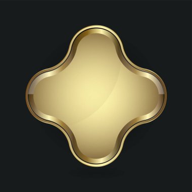 Premium çerçeve illüstrasyonlu altın düğme tasarımı, UI oyunu için altın parlak etiket, sınır üzerinde parlak ışık efektli navigasyon menüsü rozeti