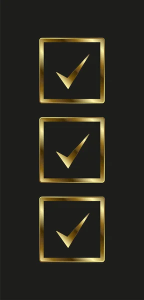 Drei Symbole Von Kontrollkästchen Goldenen Farbkonzepten Und Auswahlsymbol Symbol Marke — Stockvektor
