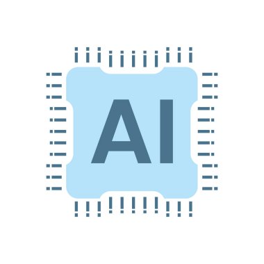 Yapay zeka çipli robot, beyaz arka planda teknoloji düz simgeler. Satır simgeleri, semboller