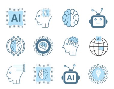 Beyaz zemin üzerinde 12 adet yüksek kaliteli taslak teknoloji düz ikon koleksiyonu. Çizgi simgeleri, semboller. Yapay zeka dizili 8 adet yapay zeka simgesi
