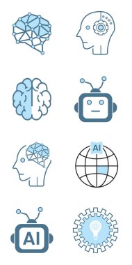 8 yapay zeka simgesi grubu, semboller. Yapay zeka dizisi sibernetik, ai, head, teknoloji vektörü