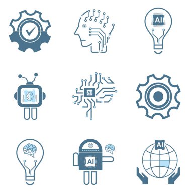 NINE Yapay Zeka Çizgisi simgeleri grupları, teknoloji sembolleri için 9 yapay zeka, ve dokuz sibernetik simge, ai, teknoloji vektörü, illüstrasyon konsepti tasarımı