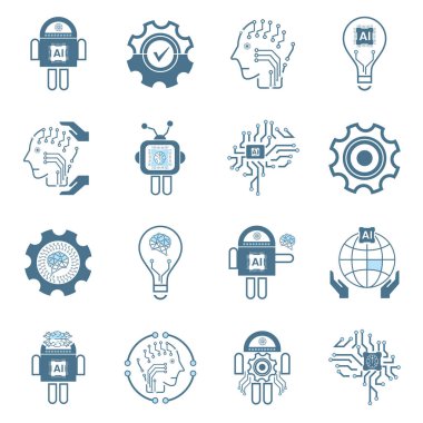 16 adet yapay zeka simgesi, semboller. Yapay zeka çizgisi grupları teknoloji konseptleri, ve sibernetik, ai, teknoloji vektörü, illüstrasyon tasarımı