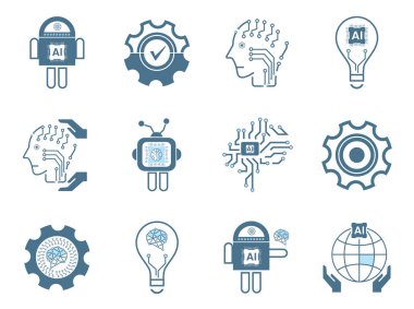 12 Yapay Zeka Çizgisi simgesi, 12 teknoloji sembolü ve 9 sibernetik simge, ai, teknoloji vektörü, illüstrasyon