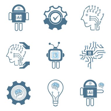 9 adet yapay zeka simgesi, semboller. Yapay zeka çizgisi grupları teknoloji konseptleri, ve sibernetik, ai, teknoloji vektörü, illüstrasyon tasarımı