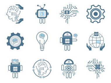 12 yapay zeka çizgisi simgesi, teknoloji sembolleri için 12 yapay zeka, ve 12 sibernetik simge, ai, teknoloji vektörü, illüstrasyon