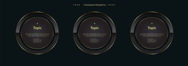 Üç adet Lüks Altın Çok Amaçlı Bilgi Çemberi düğmesi dizaynı ve şablonu üç seçenekli ve koyu arkaplan üzerinde kaliteli altın versiyonu