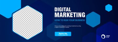 Dijital Pazarlama kavramları için mavi gradyan pankart, sunum afişi şablon tasarımı. Soyut mavi nesneler tasarım vektörü, illüstrasyon