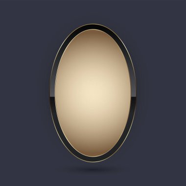 Altın elips şeklindeki düğme vektör çizimi. Boş oval amblem, madalya ya da rozet için siyah arkaplanda izole edilmiş 3D altın parıltılı zarif tasarım.