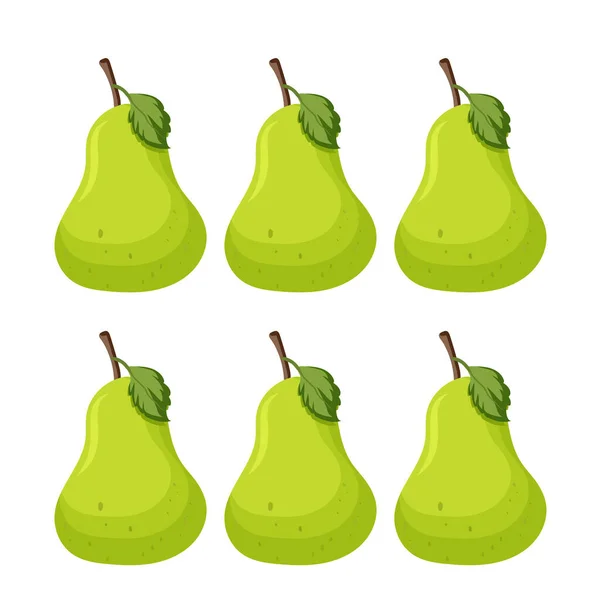 Set Sei Pere Verdi Isolate Sfondo Bianco Modello Sweet Pear — Vettoriale Stock