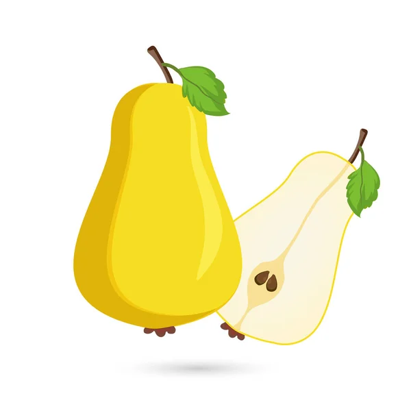 ベクターの熟した梨とその断片 隔離された白い背景に切られた黄色い真珠のフルーツのスライスされた2つの部分 — ストックベクタ