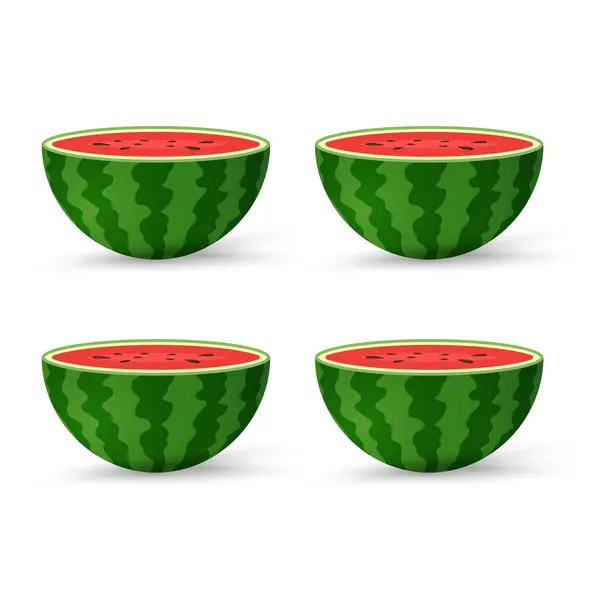 Stück Frische Wassermelonen Bio Früchte Mit Frischen Grünen Offenen Wassermelonenhälften — Stockvektor