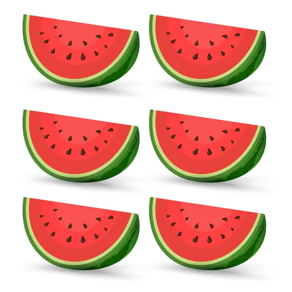 Set Med Six Bitar Saftiga Vattenmelon Ekologisk Frukt Halv Skuren — Stock vektor