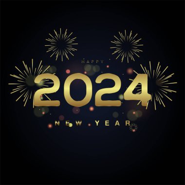 Altın havai fişeklerle 2024 kutlama konsepti, siyah arkaplan tasarımı üzerine eski havai fişekler