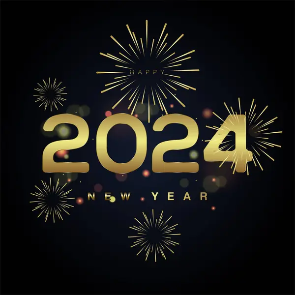 Altın havai fişekler, siyah arka plan tasarımı üzerine eski havai fişekler. 2024 Kutlama Konsepti