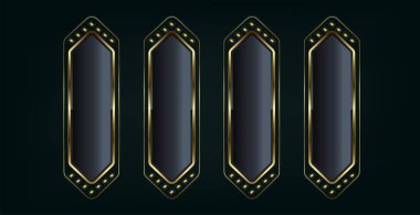 Art deco stilleri için 5 düğme siyah arkaplanda izole edilmiş. Bronz, altın ve gümüş renkli metalin gerçekçi temsili, düğme tasarımı.