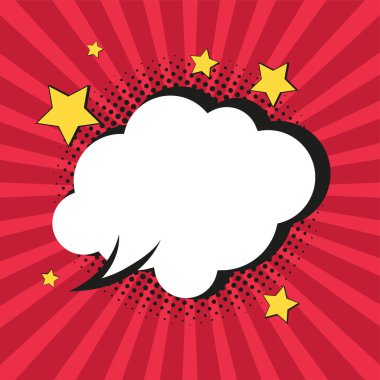 Yarım ton kırmızı arka plan dizaynında renkli bir retro çizgi roman konuşma balonu. Yaz Satışı ve indirimli konsept pankart, poster, Vektör illüstrasyonu için boşluk balonu