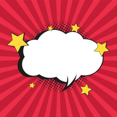 Kırmızı ve pembe arkaplan dizaynında siyah yarım ton gölgeli sarı yıldızlı bir çizgi roman kabarcığı ve element