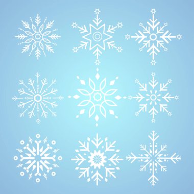 İzole edilmiş mavi zemin üzerinde kış, bahar ve Noel elementleri için beyaz kar taneleri grubu, beyaz geometrik minimalist kar tanesi elementleri ve simge tasarımı kavramı