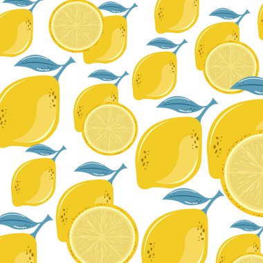 Limon deseni, arka plan ve sarı limonlu tropikal limon deseni. Tekrarlanan meyve arkaplanı