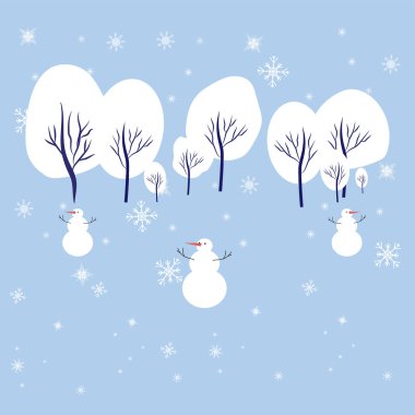 Karlı bir park. İnsanlar kardan adam yapar ve ormanda kızakla kayar. Aktif eğlence kavramı. İyi tatiller. Vektör renkli mevsimsel illüstrasyon