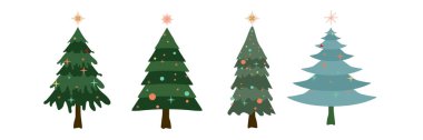Farklı tarzlarda Noel ağacı koleksiyonu. Yeşil Noel Ağaçları vektör illüstrasyonu