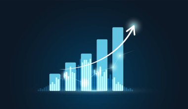 Büyüme çubuğu, Mali Veri Pazarlama Analiz Raporu veya Başarı Yatırım Çizelgeleri ile Dijital Teknoloji Stratejisi Arkaplanında Finansal Grafikler