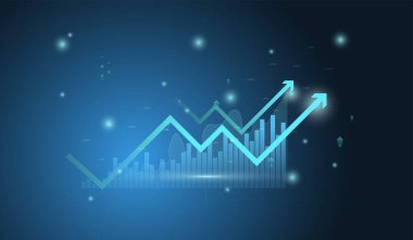 Mavi renk arkaplan vektörü üzerine borsada ok grafiği ve dünya haritası yükselen mali tablo, illüstrasyon