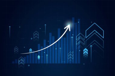 Artan koyu mavi arkaplan üzerine borsada yüksek eğilim ve ok çizgisi grafiği olan soyut mali tablo