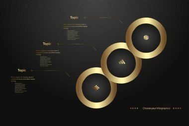 Üç altın daire düğmesi, premium pankartlar, Koyu arkaplanda düğmeler, Altın çerçeve çiziminde altın düğme seti