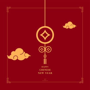 Kırmızı zemin üzerinde geleneksel Çin şablonu, Çin Yeni Yılı kavramları çiçekler, fenerler, bulutlar, elementler ve süsler için vektör tasarımı, kartpostallar