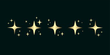 Parlak yıldız grupları, altın yıldız kümeleri, 6 köşeli yıldızlar, karanlık arka planda premium yıldızlar, vektör illüstrasyonu