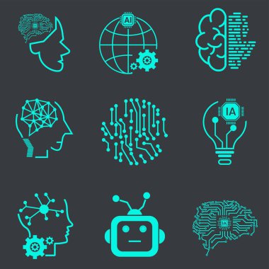 Yapay Zeka Vektör Hattı Simgeleri Dokuz Teknolojisi Koleksiyonu Ayarlandı. Yüz Tanıma, Android, İnsansı Robot konsept vektörü ve illüstrasyon