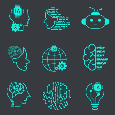 Yapay Zeka Vektör Hattı Simgeleri Teknolojisi Ayarlandı. Yüz Tanıma, Android, İnsansı Robot, Düşünme Makinesi