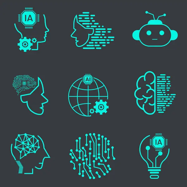 Yapay Zeka Vektör Hattı Simgeleri Teknolojisi Ayarlandı. Yüz Tanıma, Android, İnsansı Robot, Düşünme Makinesi