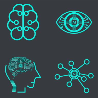 Robot, dijital, vr, ai, siber ve vektör çizgisi simgeleri sanat tasarımı gibi teknoloji simgeleri koleksiyonu.