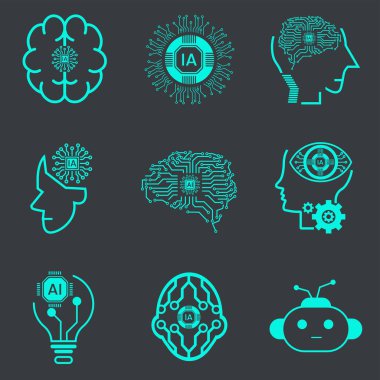 Yapay Zeka simgeleri, sembolleri, element UI 'ler, robot, dijital, vr, ai, siber ve vektör çizgisi simgeleri gibi teknoloji simgelerinin toplanması