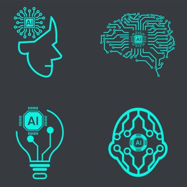 Teknoloji başı ve fikir simgeleri, robot, dijital, vr, ai, siber ve vektör çizgisi simgeleri, sanat tasarım vektörü illüstrasyonu gibi