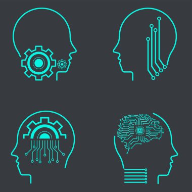 Koyu arkaplanda yapay zeka simgesi seti. Sembollerin toplanması, teknoloji vektörü elementleri