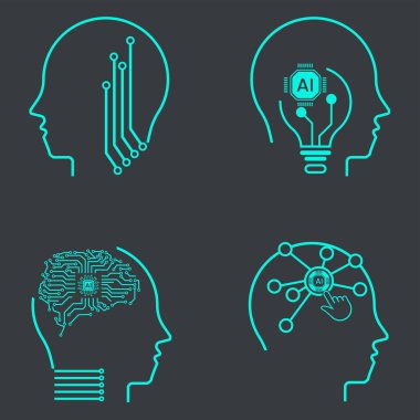 Yapay zeka çizgisi tarzı, robot kafaları öğrenen makine. Dört Yapay Zeka simgelerinin toplanması. akıllı robotik baş ve bulut bilgisayar ağı dijital yapay zeka teknolojisi