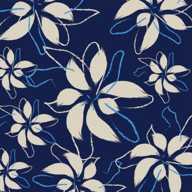 Çiçekli tropikal bicolor çiçekleri ve minyatür desenli çiçekleri geometrik kumaşlar olarak bırakıyor. Vektörde kusursuz el çizim biçimi