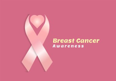 Metin-meme kanseri farkındalığı, gerçekçi pembe kurdele, meme kanseri farkındalığı sembolü, vektör illüstrasyonlu Kalp-Göğüs kanseri kurdelesi kavramı.